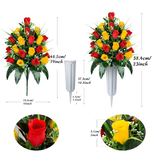 Artificial Cemetery Flowers - Set of 2 Grave Memorial Rose Flowers with Vase for Cemetery Headstones Gravesites Decoration (Red & Yellow) - color: Red & Yellow