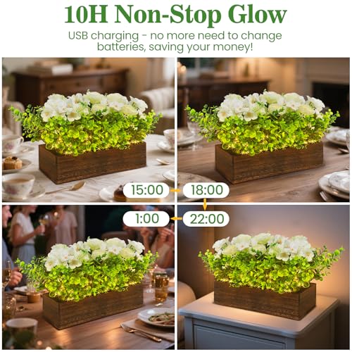 14" Artificial Peony Hydrangea Flowers Arrangement in Rectangular Wooden Planter Box, Rechargeable LED Faux Plants with Remote, Table Centerpieces for Dining Room Coffee Living Room Easter Home Decor