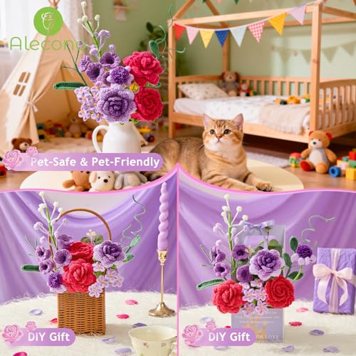 Alecono Crochet Flower Bouquet, Purple and Hot Pink Knitted Flowers, Crochet Roses Flower for Valentine Day Lover Anniversary Birthday Mother's Day Graduation Gifts (with Card) - color: Purple, Hot Pink, size: Large