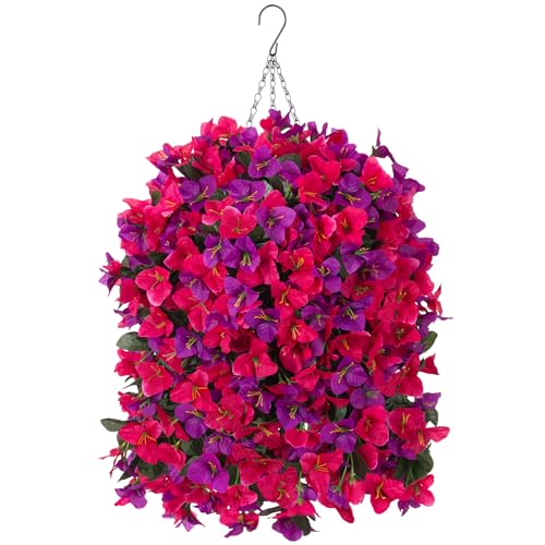 Artificial Fake Hanging Flowers with Basket for Outdoors Decoration, 3PCS Faux Flowers for Outdoor Planters UV Resistant No Fade Silk Bougainvillea for Home Porch Patio Garden Balcony Yard Decor - color: Rose Dark Lotus Color With Basket
