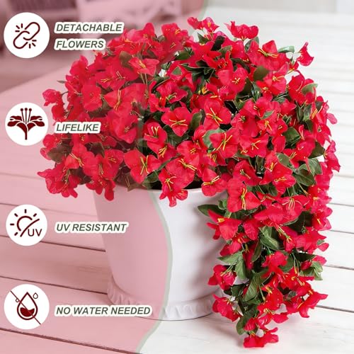 4 Pack Artificial Bougainvillea Hanging Flowers UV Resistant Long Trailing Silk Vines, Realistic Fake Plants for Outdoor Porch, Patio, Balcony, Yard & Planter Decor（Red） - color: 4pack