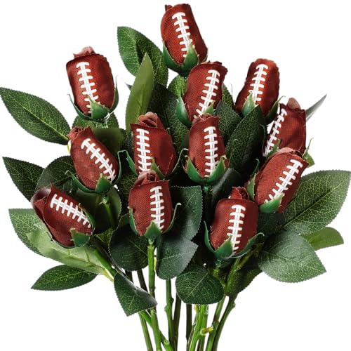 Suhine 12 Pcs Artificial Football Rose Flowers Sports Party Favors Bulk for Birthday Graduation Wedding Party Decorations Table Centerpieces Game Day Tailgate Senior Night Gift(Football Color, Normal) - color: Football Color, size: Normal