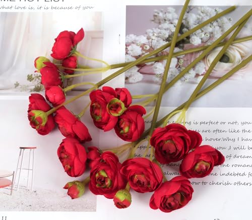 IPOPU Red Ranunculus Artificial Flowers 2 Bouquets Red Silk Flowers with Stems 12PCS Faux Ranunculus Mini Fake Flower for Vase Filler Flowers DIY Wedding Bouquet Bridal Shower Decoration - color: Red
