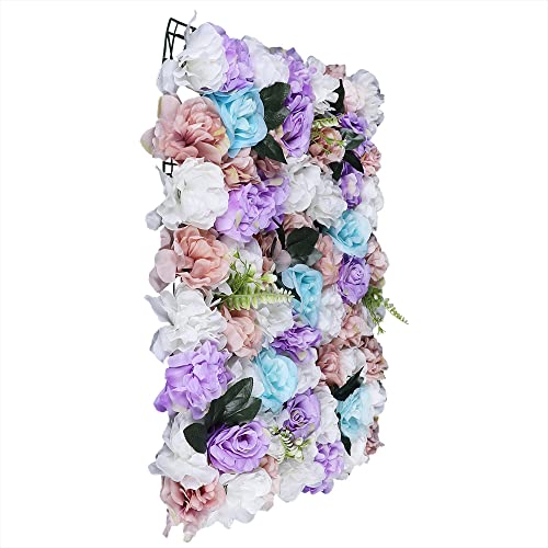 12 Pcs Artificial Flower Wall Panels 60x40cm 3D Flower Background for Wall, Wedding Flower Decorations Wall Silk Rose Panels for Candy Wall, Photo Areas, Stage Background Wall(Dahlia + Rose + Leaf) - color: Light Blue + Purple