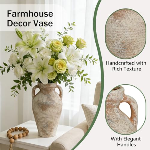 Ceramic Flower Vase with Handles, 11 Inch Farmhouse Rustic Vase, Decorative Terracotta Tall Vase for Home Decor, Living Room, Centerpiece, Shelf, Mantle Fireplace - color: 11"h-terracotta