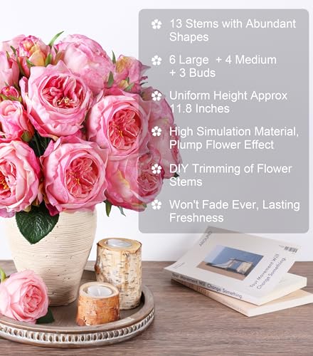 florisso Pink Austin Rose Faux Flowers - 13 Branches Silk Austin Roses for Wedding Bouquets, DIY Crafts & Home Decoration (Silk Artificial Roses) - color: Austin-pink