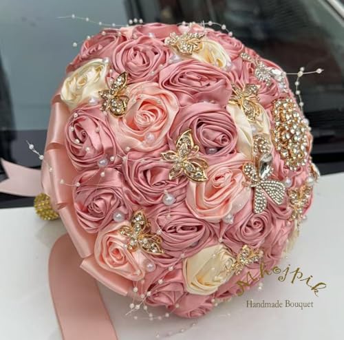 Handmade Wedding Flowers Bouquet Round Holding Bridal Bouquet Artificial Satin Roses Bunch for Bride Bridesmaid Wedding Quinceanera - color: Blush Pink, Light Salmon & Cream, size: Medium (Dia. 8.7"/22cm)