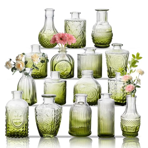 Glass Bud Vase Set of 16, Small Flower Vases, Glass Vases for Centerpieces, Vintage Home Table Decorations Bud Vases (16 Pcs, Green) - color: Green, size: 16 Pcs