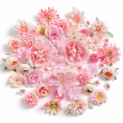 Artificial Flowers Heads Combo Pink Flowers Mix Silk Flowers Heads Faux Rose Bulk for Craft Garland Graduation Cap Wedding Bridal Baby Shower Home Party Decoration DIY Cake Decor - color: Pink
