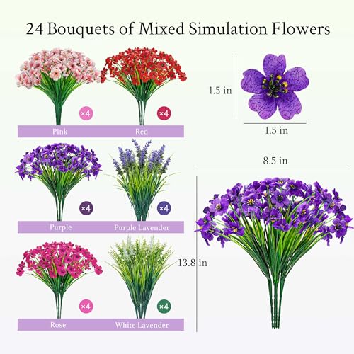 Der Rose 24 Bundles UV Resistant Artificial Flowers for Outdoors Mixed Colors Fake Flowers for Garden Porch Patio Fence Decor - color: Multi-color a