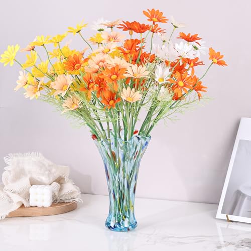 9.0" H Aqua Glass Vases for Flowers, Unique Hand Blown Glass Vase Aqua Home Decor, Wide Mouth Colorful Flower Vase Centerpieces, for Living Room Table Bookshelf, Bathroom Office Shelf Decorative - color: Aqua