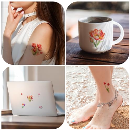 12 Sheets Black & White Watercolor Tulip Temporary Tattoos, Single Stem Bouquet Bud Bloom Pose with Leaves, Fresh Ins Forest Core Style, for Spring Picnic Travel