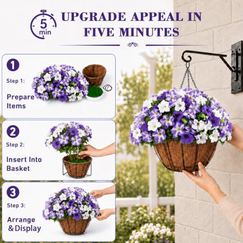 6Pcs Artificial Flowers for Outdoors, Fake Petunias Morning Glory Silk Flower UV Resistant, Faux Flowers for Outdoor Planters, Realistic Flora for Window Box Garden Porch Decor (PurpleWhite-Petunia) - color: Purplewhite-petunia