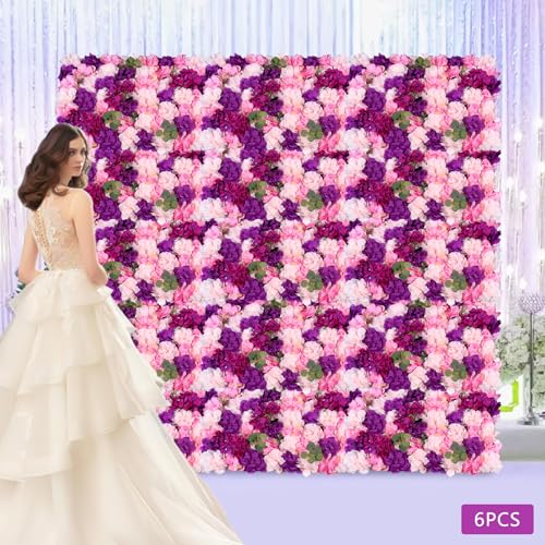 Flower Wall Panel, 6 Pcs 24 x 16 Inch Pink Purple Dahlia Artificial Flower Wall Mat Fake Flower Backdrop for Wedding Patry Bridal Shower Decoration - color: Purple Pink