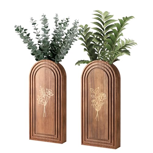 Rustic Wood Wall Planter - Decorative Hanging Vase for Dried Flowers & Artificial Plants, Farmhouse Wall Art Decor for Living Room & Entryway, Set of 2 Faux Greenery Holder (Not for Live Plants) - size: 2pack-Brown