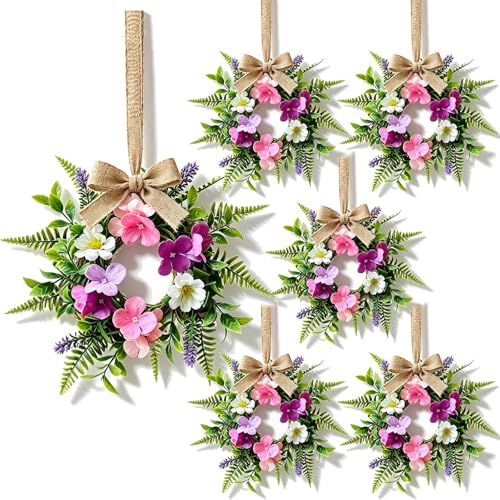 6 Pcs Summer Tropical Mini Hanging Wreaths for Cabinets Artificial Hibiscus Flowers Small Candle Ring Wreaths with Fern Fronds for Home Kitchen Front Door Window Farmhouse Porch Wall Hanging Decor - color: Tropical Flowers