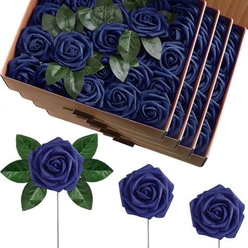 100 Pcs Artificial Foam Rose Flower Faux Bouquet Wedding Fake Rose Gift for Mother's Day Women DIY Bridal Shower Party Table Birthday Home Spring Decor (Navy Blue) - color: Navy Blue