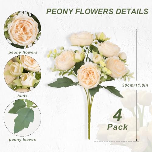 MARTINE MALL 4 Packs Peonies Artificial Flowers, Champagne Artificial Peonies, Silk Peonies Flowers Fake Peonies Artificial Flowers Peonies Bouquet for Centerpiece Table Wedding Party Home Decor - color: Champagne, size: 4PCS