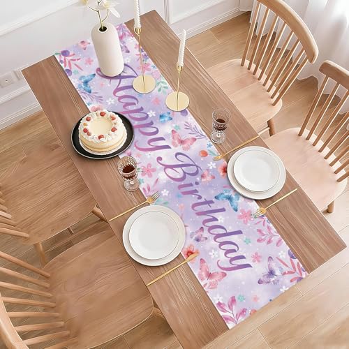 Happy Birthday Table Runner, Purple Lavender, 72x13 Inch | Butterfly Floral Design