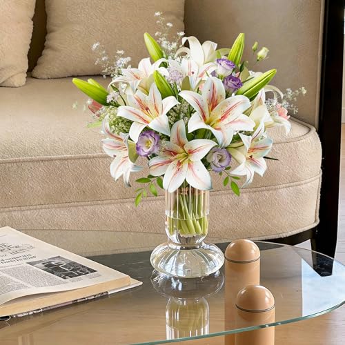 18 Artificial Lily Flowers with 12 Heads Fully Bloomed Lilies and 6 Buds, Short Stem Tiger Lily Fake Flowers for Wedding Bouquet Home Party Hotel Office Floral Arrangements (Champagne Gold) - color: Champange God