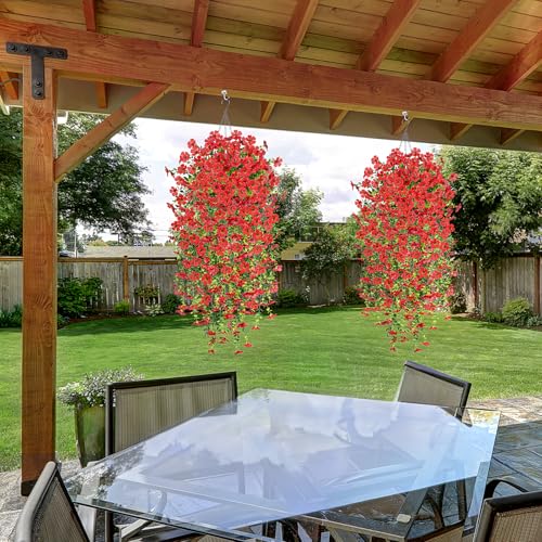 Fake Artificial Hanging Flowers for Outdoors Decoration, 2 PCS Faux UV Resistant Artificial Outdoor Flowers, Fake Plants Look Real Daisy No Fade Spring Decor for Porch Home Patio Balcony and Yard - color: Hanging Flower (Red)