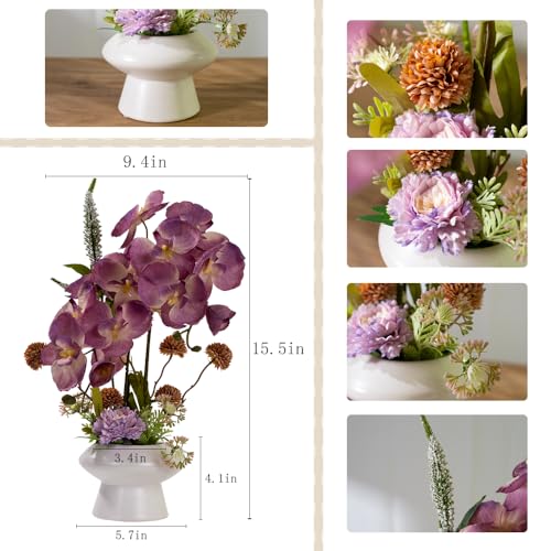 LESING Orchids Flowers Arrangement in Pot,Fake Silk Orchid Artificial Flower with Ceramic Vase Faux Orchid Flower Bonsai Vivid Phalaenopsis Flowers Potting Decoration (White Vase,Purple) - color: White Vase,purple
