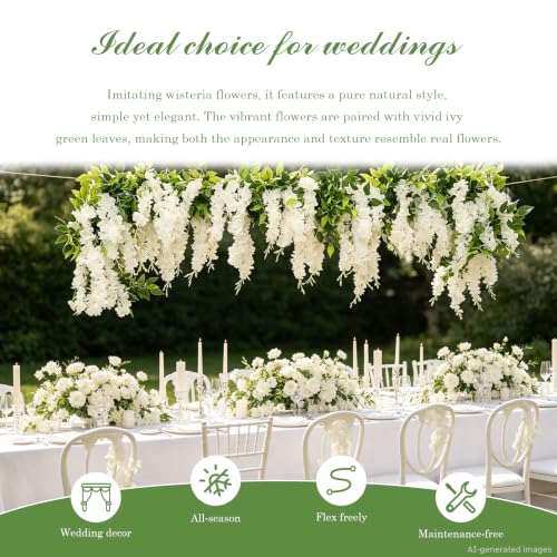 dallisten Wisteria Artificial Flowers Garland, 2Pcs 7.2Ft/Piece Silk Fake Wisteria Vine Kit, Hanging Flower for House Outdoor Garden Ceremony Outside Wedding Arch Floral Decor (2, White) - color: White