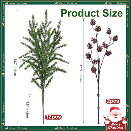 Artificial Christmas Norfolk Pine Stems Branches for Vases,12 Bundles Fake Pine Stems with 2 PCS Small Pinecones Branches Faux Evergreen Real Touch Greenery for Xmas Holiday Winter Table Indoor Decor - color: Small Pine Cones
