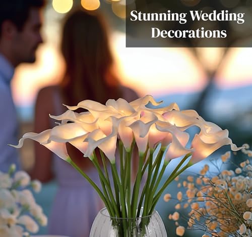 LED Lighted Artificial Flowers Calla Lily Bouquet Lamp 20 stems Real Touch Calla Faux Flower Lights for Valentine's Day Gift and Easter Home Kitchen Wedding Dining Table Decor(Whitepurple, No Vase) - color: Whitepurple