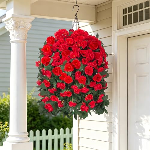 Artificial Geraniums Fake Hanging Flowers Plants Basket for Outdoors Spring Summer Outdoor Decor, 3PCS Faux Silk Geraniums Vines in Planter Realistic UV Resistant for Outside Balcony Patio Porch Home - color: Red