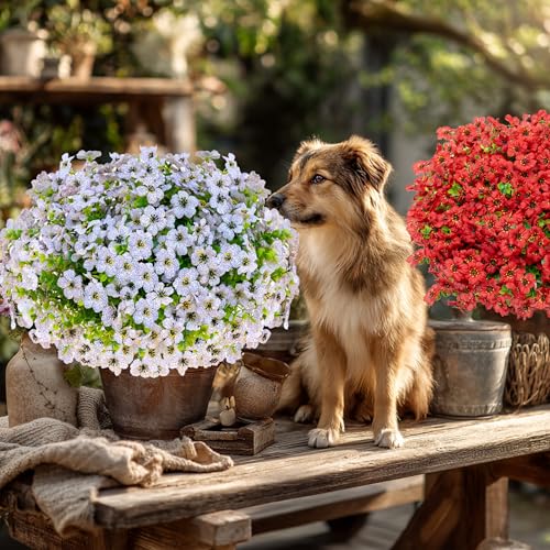 AXYLEX Artificial Flowers for Outdoors Fake Plants - 16 Bundles Faux Outside Greenery Boxwood UV Resistant No Fade Plastic Shrubs Fall Decor Farmhouse Home Garden Mums (White) - color: White