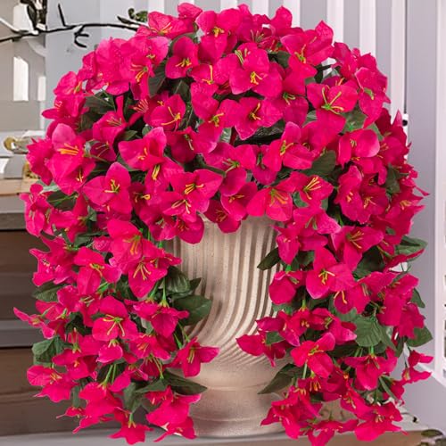INXUGAO 2 pcs Artificial Faux Bougainvillea Flowers Plants for Outdoor Outside Summer Decoration, Fake Silk UV Resistant Long Trailing Vines for Front Door Porch Planter Balcony (Purple Rose Red) - color: Rose Red