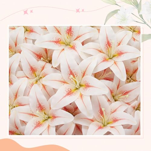 Suncalla 30 Pack Large Artificial Lilies Flower Heads with Realistic Stamens 5.9" Faux Fake Lily Flower Heads Bulk for DIY Crafts Cake Wedding Bridal Wreaths Table Home Party Decor (Light Bean Paste) - color: Light Bean Paste