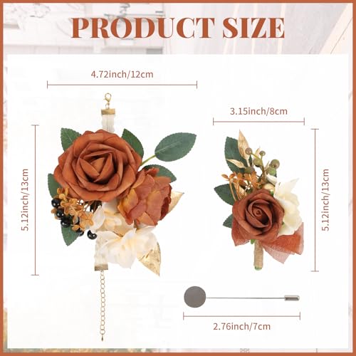 2Pcs Wedding Corsage and Boutonniere Set Orange Rose Corsage Wristlet and Boutonniere for Men Women Groom Bride Bridesmaid Groomsmen Wedding Party Accessory Prom Decoration (Orange) - color: Orange