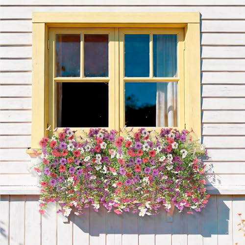 INQCMY 2Pcs Artificial Fake Hanging Flowers for Outdoors UV Resistant Artificial Plants for Spring Summer Decor Look Real Faux Flowers for Outside Home Planter Porch Patio Decor - color: Rose Purple White