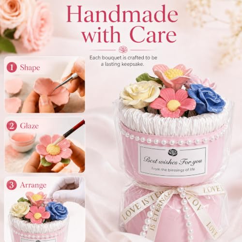 Porcelain Flower Bouquet - Handmade Ceramic Flowers Floral Arrangement, 6 Unique Blossoms, 6 inches Height, Shelf Living Room Decor, Ideal Gift for Mother’s Day, Birthdayr (Pink-Rose) - color: Pink-rose