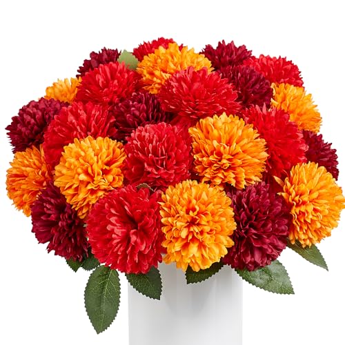 SITUMEIZI 12 Pcs Artificial Chrysanthemums Flowers Ball Flower Fake Mums Silk for Wedding Home Kitchen Decoration Floral Arrangement(Burgundy,Red,Orange) - color: Burgundy,red & Orange, size: 12 Pieces