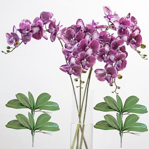 DUYONE 35 Inch Artificial Butterfly Orchid Flowers 4 Pcs with 4 Bundles Leaves Artificial Orchid Flowers Stem Plants for Home Décor (Deep Purple) - color: Deep Purple 4pcs With 4 Leaves