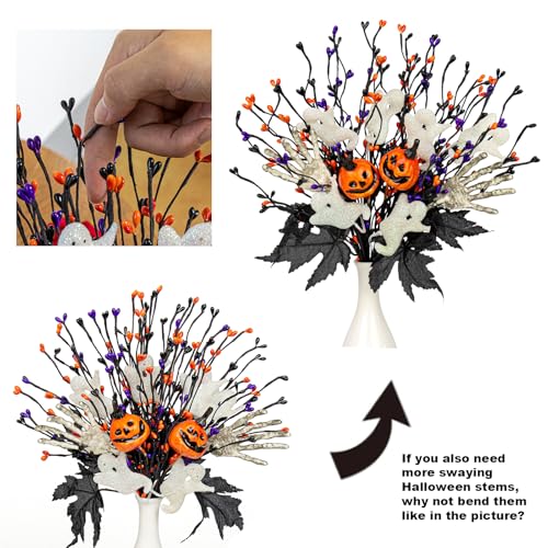 VioletEverGarden 10 Pack Halloween Stems 17 Inch Halloween Floral Picks 3 Styles Berry Branches with Pumpkin Skeleton and Ghost for Gothic Holidays Celebration