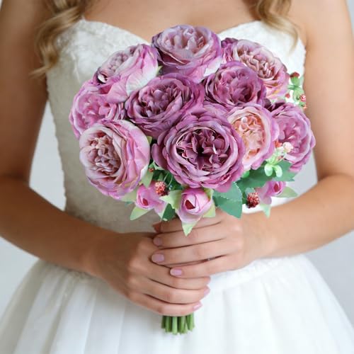 Purple Artificial Peony Bouquet - Silk Fake Peonies with Buds & Foliage, Realistic Faux Flower Arrangement for Wedding Bridal, Party Backdrop Decor, Wreath DIY, Home Table Centerpiece & Door Garland - color: Purple