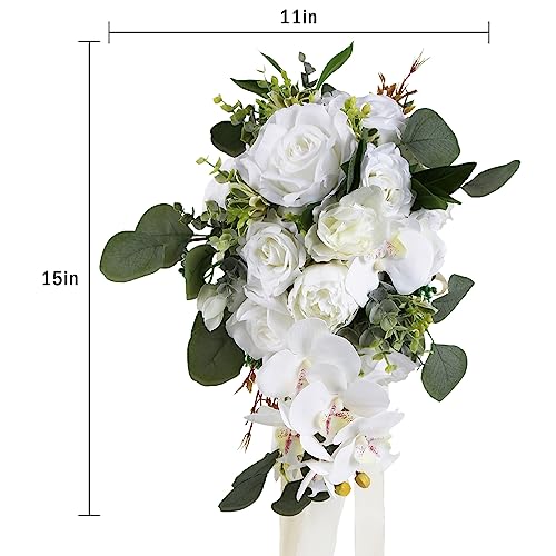 Artificial Bridal Bouquet, 11 Inch White Artificial Wedding Bouquets for Bride Bridal Bouquet Bridesmaid Bouquet Tossing Bouquet for Wedding Ceremony and Anniversary(White) - color: White