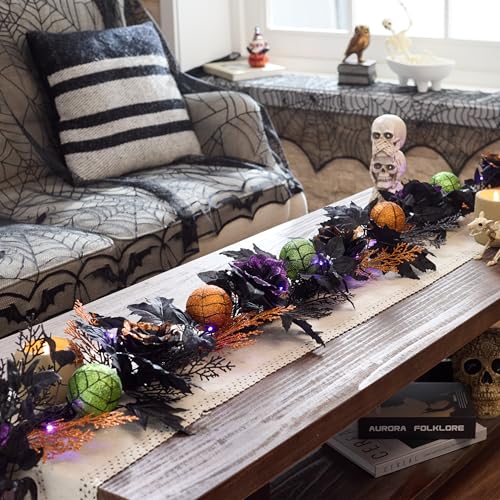 Valery Madelyn Halloween Garland with Lights, 6 Feet Pre-Lit Orange Purple Roses Black Maple Leaves Green Ball Ornaments Garland Decorations for Indoor Table Centerpiece Mantle Party Holiday Decor