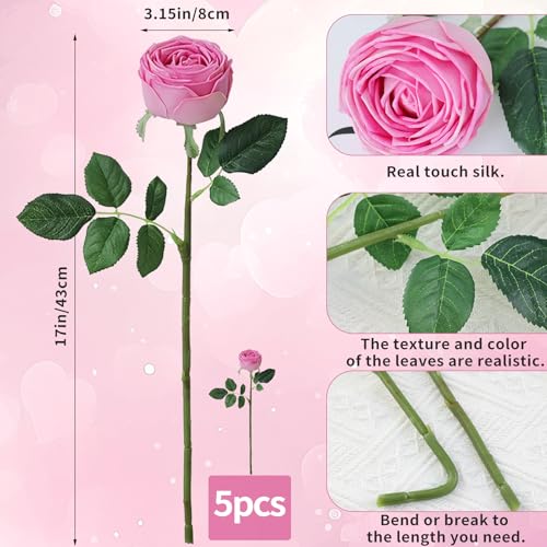 5Pcs Rose Real Touch Silk Flowers - Lifelike Roses Peony | Lifelike Rose roses & peonies with soft latex touch, no watering needed. Perfect for wedding bouquets, home decor & DIY - color: Rose