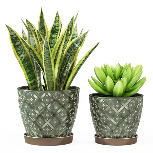 Docrin Dark Green Ceramic Planter Set - 6.6"+5.5" Indoor Outdoor Pots with Drainage Holes & Saucers for Home Office Decor - color: Dark Green