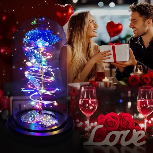 Childom Mothers Day Mom Gifts for Mom,Birthday Gifts for Women Grandma,Flowers for Delivery Prime,Colorful Blue Light Up Rose in A Glass Dome,Anniversary Valentines Roses Gift for Her Wife Daughter - color: Blue Colorful Large