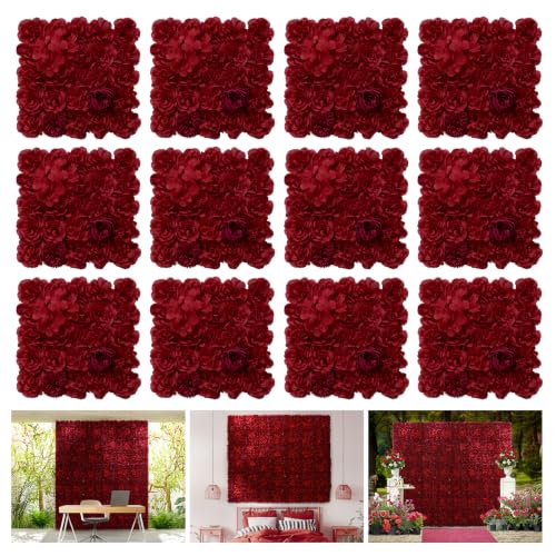 Flower Wall Panel 12 pcs 16.5x16.5 Inch Floral Wall Backdrop Artificial Silk Rose Wall Decor Ideal for Wedding Celebrations, Festive Party Backdrops, and Home Decor-Maroon - color: Maroon, size: 16.5inch