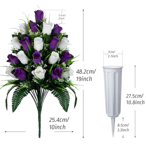 XONOR 2 Sets Artificial Cemetery Flowers, Grave Decorations Roses, Memorial Flowers Bouquet with Vase for Grave Cemetery Decoration (Dark Purple&White) - color: Dark Purple&white
