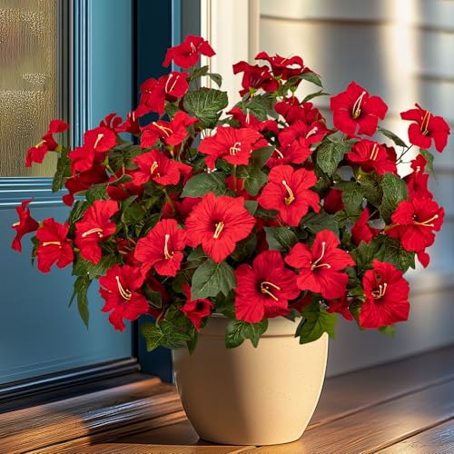 19 Inch Artificial Fake Flowers for Outdoor,4 Pcs Red Faux Silk Petunias Spring Flowers for Outside for Indoor Porch Planter Front Door Garden Patio Window Box Home Decor - color: Red