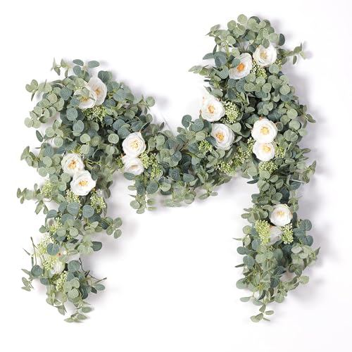 PARTY JOY 2pcs 6.56ft Eucalyptus Garland with Flowers-8 White Roses, Artificial Fake Flowers Greenery Garland Floral Vines for Decoration Party Wedding Table Indoor Outdoor Backdrop Wall Decor(White) - color: White, size: 2PC