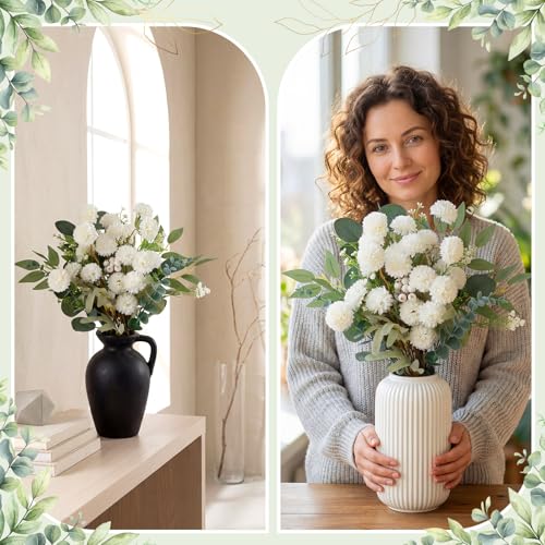 Yinder 60pcs Mixed Artificial Eucalyptus Stems and Faux Flower Set, Greenery Eucalyptus Branch Baby's Breath Silver Dollar Stem Berry and Silk Mums for Vase Centerpieces Wedding Arrangement Home Decor - color: White